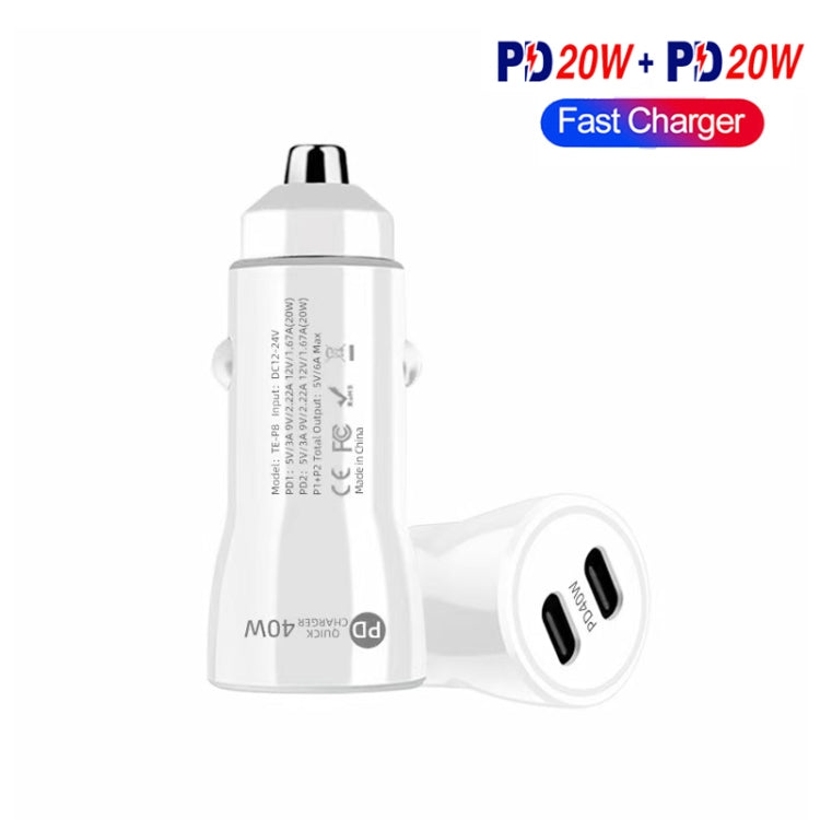 TE-P8 40W PD20W + PD20W Dual Port PD3.0 Car Charger with Type-c to Type-C Data Cable, Length: 1m(White) - Car Charger by PMC TechLife | Online Shopping South Africa | PMC TechLife