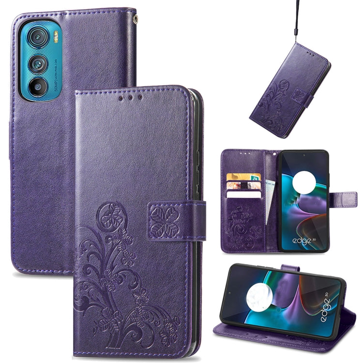 For Motorola Edge 30 Four-leaf Clasp Embossed Buckle Leather Phone Case(Purple) - free shipping - PMC TechLife - Order now!