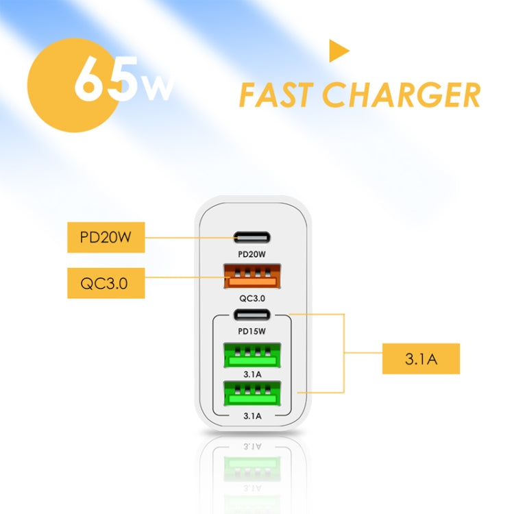 65W Dual PD Type-C + 3 x USB Multi Port Charger with 3A USB to 8 Pin Data Cable, EU Plug(Black) - USB Charger by PMC TechLife | Online Shopping South Africa | PMC TechLife | Buy Now Pay Later Mobicred