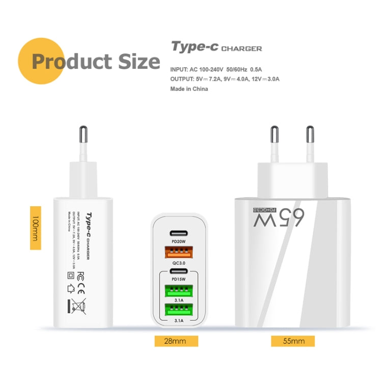 65W Dual PD Type-C + 3 x USB Multi Port Charger with 3A USB to 8 Pin Data Cable, EU Plug(White) - USB Charger by PMC TechLife | Online Shopping South Africa | PMC TechLife | Buy Now Pay Later Mobicred