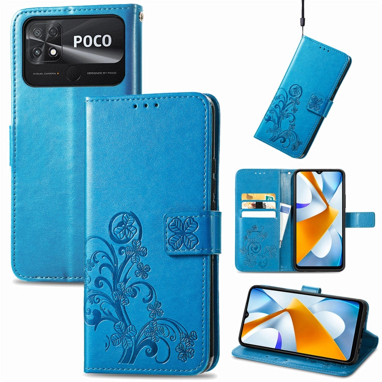 For Xiaomi Poco C40 Four-leaf Clasp Embossed Buckle Leather Phone Case(Blue) - free shipping - PMC TechLife - Order now!