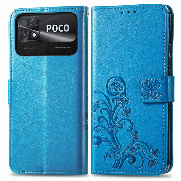 For Xiaomi Poco C40 Four-leaf Clasp Embossed Buckle Leather Phone Case(Blue) - free shipping - PMC TechLife - Order now!