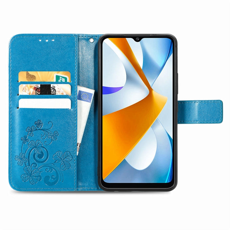 For Xiaomi Poco C40 Four-leaf Clasp Embossed Buckle Leather Phone Case(Blue) - free shipping - PMC TechLife - Order now!