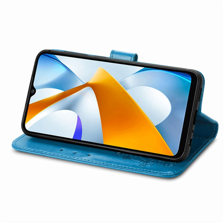 For Xiaomi Poco C40 Four-leaf Clasp Embossed Buckle Leather Phone Case(Blue) - free shipping - PMC TechLife - Order now!