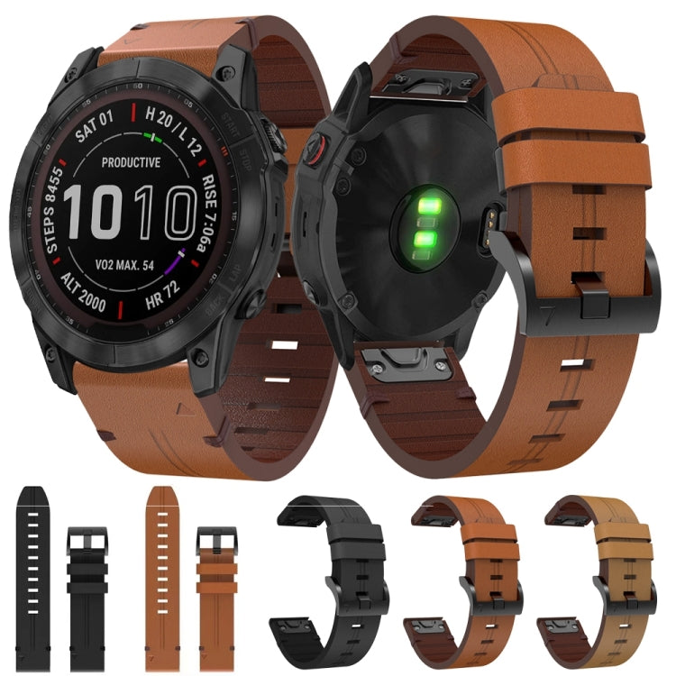 For Garmin Fenix 7X 26mm Leather Steel Buckle Watch Band (Light Brown) - Smart Wear by PMC TechLife | Online Shopping South Africa | PMC TechLife