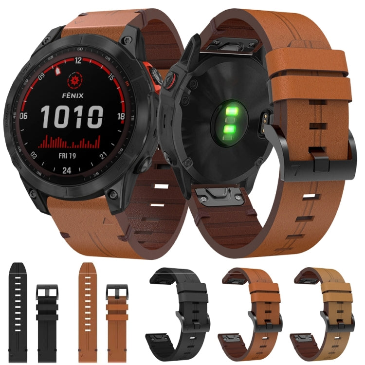 For Garmin Fenix 7 Solar 22mm Leather Steel Buckle Watch Band (Light Brown) - Smart Wear by PMC TechLife | Online Shopping South Africa | PMC TechLife