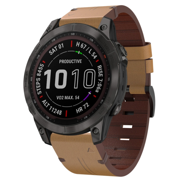 For Garmin Fenix 7 Sapphire Solar 22mm Leather Steel Buckle Watch Band (Light Brown) - Smart Wear by PMC TechLife | Online Shopping South Africa | PMC TechLife