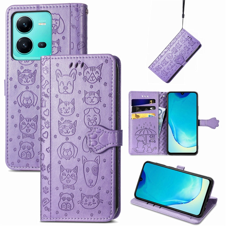 For vivo V25 Cute Cat and Dog Embossed Leather Phone Case(Purple) - vivo Cases by PMC TechLife | Online Shopping South Africa | PMC TechLife | Buy Now Pay Later Mobicred