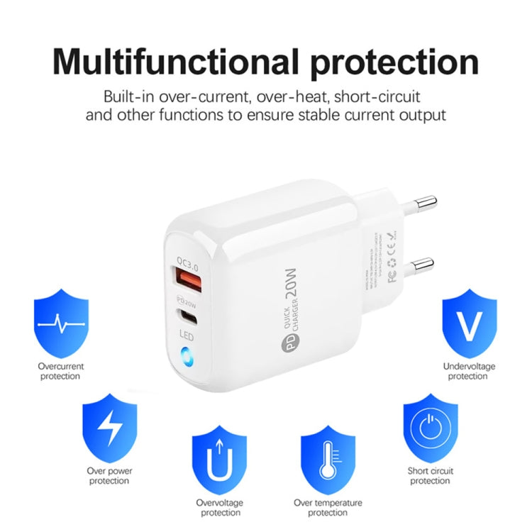 PD04 PD20W Type-C + QC18W USB Mobile Phone Charger with LED Indicator, EU Plug(White) - USB Charger by PMC TechLife | Online Shopping South Africa | PMC TechLife | Buy Now Pay Later Mobicred
