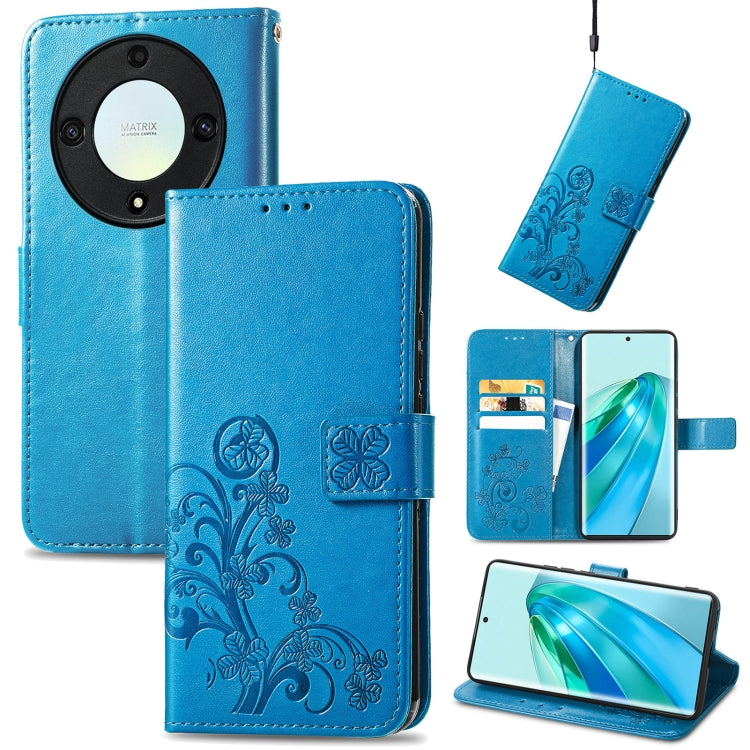 For Honor Magic5 Lite Four-leaf Clasp Embossed Buckle Leather Phone Case(Blue) - free shipping - PMC TechLife - Order now!