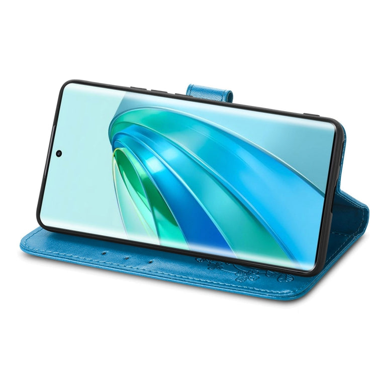 For Honor Magic5 Lite Four-leaf Clasp Embossed Buckle Leather Phone Case(Blue) - free shipping - PMC TechLife - Order now!