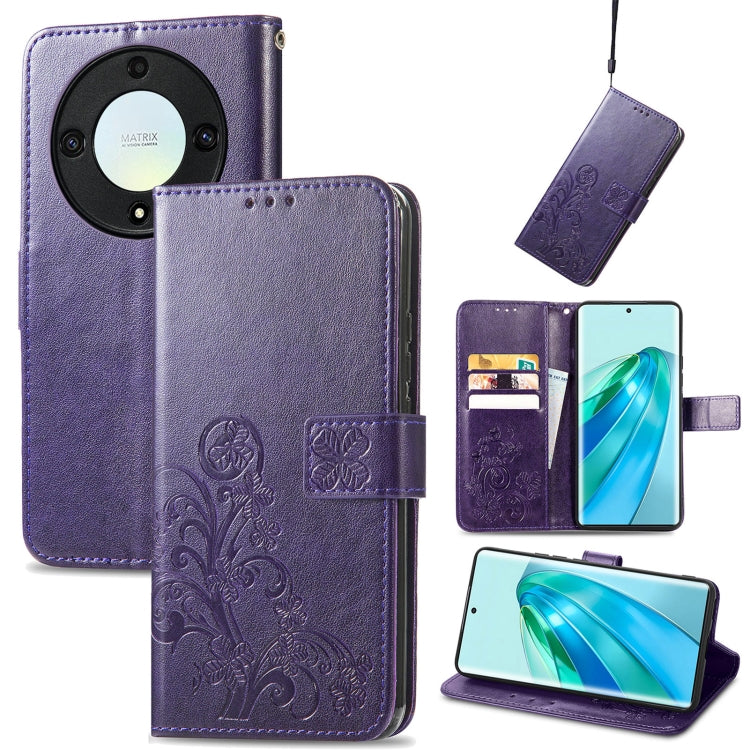 For Honor Magic5 Lite Four-leaf Clasp Embossed Buckle Leather Phone Case(Purple) - free shipping - PMC TechLife - Order now!