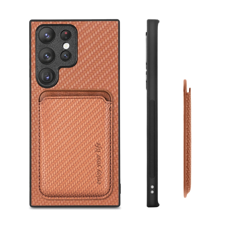 For Samsung Galaxy S22 5G Carbon Fiber Leather Card Magsafe Magnetic Phone Case(Brown) - Galaxy S22 5G Cases by PMC TechLife | Online Shopping South Africa | PMC TechLife