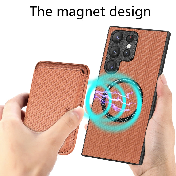 For Samsung Galaxy S22 5G Carbon Fiber Leather Card Magsafe Magnetic Phone Case(Brown) - Galaxy S22 5G Cases by PMC TechLife | Online Shopping South Africa | PMC TechLife