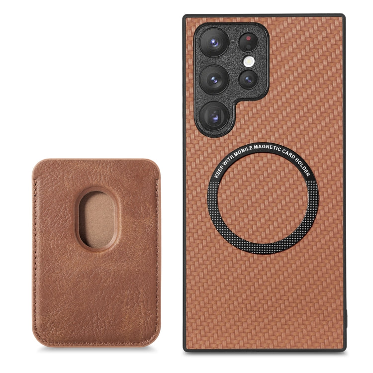 For Samsung Galaxy S22 Ultra 5G Carbon Fiber Leather Card Magsafe Magnetic Phone Case(Brown) - Galaxy S22 Ultra 5G Cases by PMC TechLife | Online Shopping South Africa | PMC TechLife