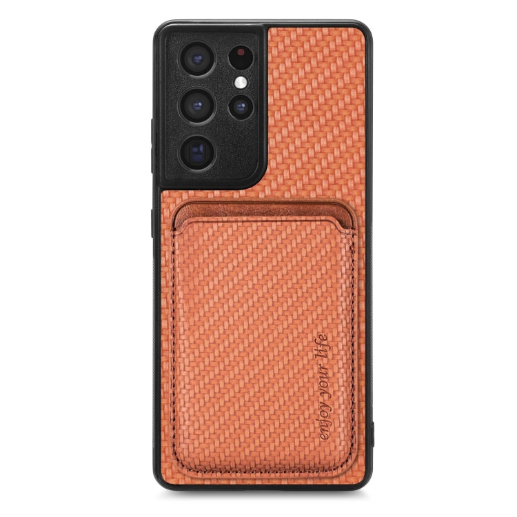 For Samsung Galaxy S21 Ultra 5G Carbon Fiber Leather Card Magsafe Magnetic Phone Case(Brown) - Galaxy S21 Ultra 5G Cases by PMC TechLife | Online Shopping South Africa | PMC TechLife | Buy Now Pay Later Mobicred