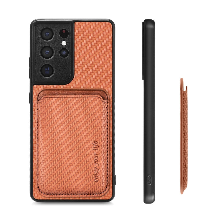 For Samsung Galaxy S21 Ultra 5G Carbon Fiber Leather Card Magsafe Magnetic Phone Case(Brown) - Galaxy S21 Ultra 5G Cases by PMC TechLife | Online Shopping South Africa | PMC TechLife | Buy Now Pay Later Mobicred
