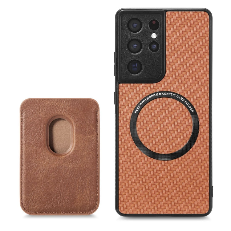 For Samsung Galaxy S21 Ultra 5G Carbon Fiber Leather Card Magsafe Magnetic Phone Case(Brown) - Galaxy S21 Ultra 5G Cases by PMC TechLife | Online Shopping South Africa | PMC TechLife | Buy Now Pay Later Mobicred