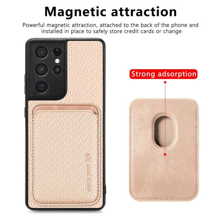 For Samsung Galaxy S21 Ultra 5G Carbon Fiber Leather Card Magsafe Magnetic Phone Case(Khaki) - Galaxy S21 Ultra 5G Cases by PMC TechLife | Online Shopping South Africa | PMC TechLife