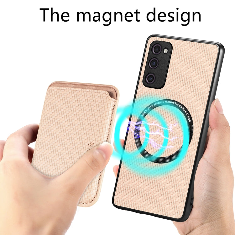 For Samsung Galaxy S21 FE 5G Carbon Fiber Leather Card Magsafe Magnetic Phone Case(Khaki) - Galaxy Phone Cases by PMC TechLife | Online Shopping South Africa | PMC TechLife