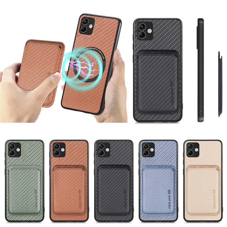 For Samsung Galaxy A04 4G Carbon Fiber Leather Card Magsafe Magnetic Phone Case(Brown) - Galaxy Phone Cases by PMC TechLife | Online Shopping South Africa | PMC TechLife | Buy Now Pay Later Mobicred