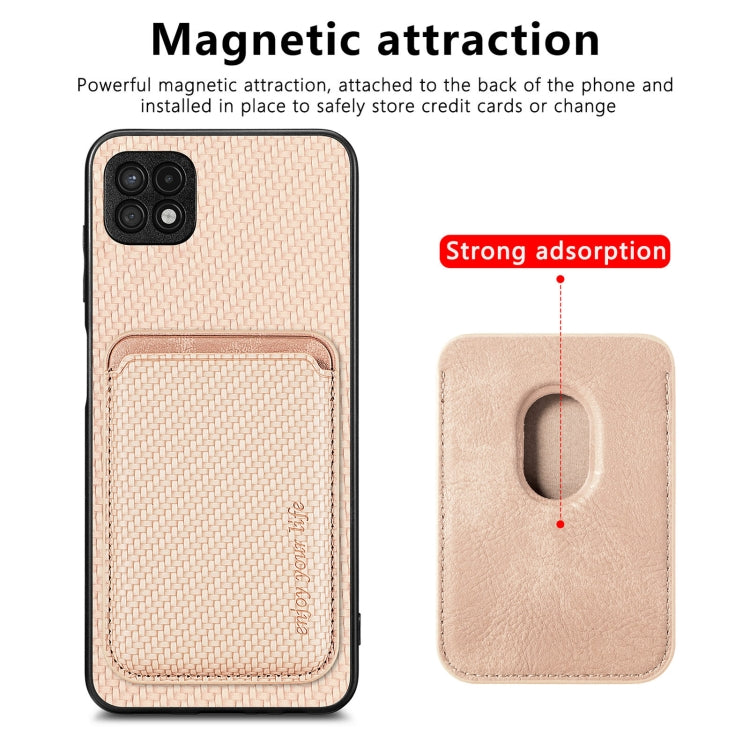 For Samsung Galaxy A22 5G Carbon Fiber Leather Card Magsafe Magnetic Phone Case(Khaki) - Galaxy Phone Cases by PMC TechLife | Online Shopping South Africa | PMC TechLife