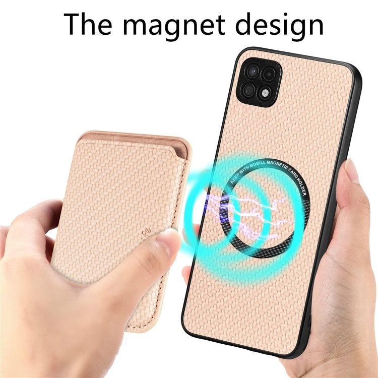 For Samsung Galaxy A22 5G Carbon Fiber Leather Card Magsafe Magnetic Phone Case(Khaki) - Galaxy Phone Cases by PMC TechLife | Online Shopping South Africa | PMC TechLife