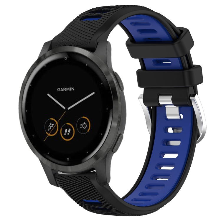 For Garmin Vivoactive 4S 18mm Sports Two-Color Steel Buckle Silicone Watch Band(Black+Blue) - Smart Wear by PMC TechLife | Online Shopping South Africa | PMC TechLife