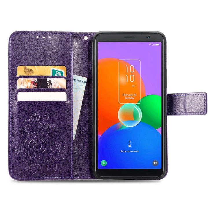 For TCL 403 Four-leaf Clasp Embossed Buckle Leather Phone Case(Purple) - free shipping - PMC TechLife - Order now!