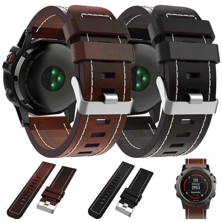 For Garmin Fenix 7X Solar 26mm Sewing Leather Steel Buckle Watch Band(Red Brown) - Smart Wear by PMC TechLife | Online Shopping South Africa | PMC TechLife