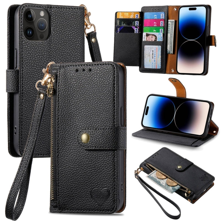 For iPhone 14 Pro Love Zipper Lanyard Leather Phone Case(Black) - free shipping - PMC TechLife - Order now!