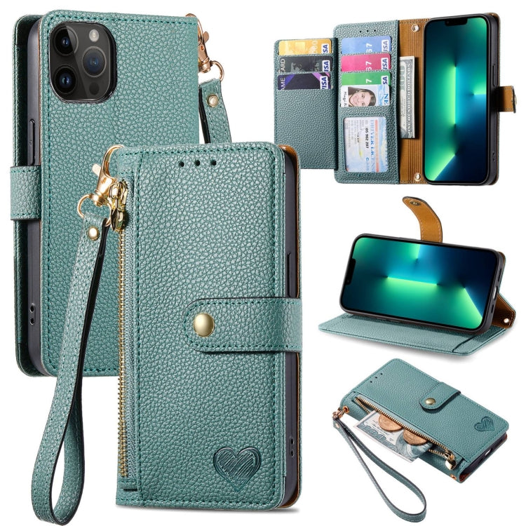 For iPhone 13 Pro Max Love Zipper Lanyard Leather Phone Case(Green) - free shipping - PMC TechLife - Order now!