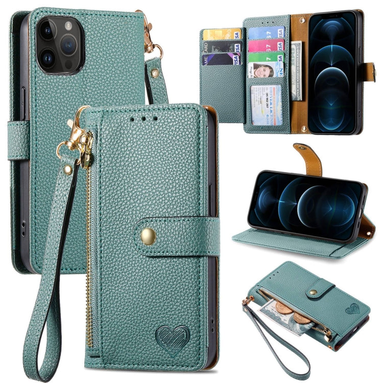 For iPhone 12 Pro Max Love Zipper Lanyard Leather Phone Case(Green) - free shipping - PMC TechLife - Order now!