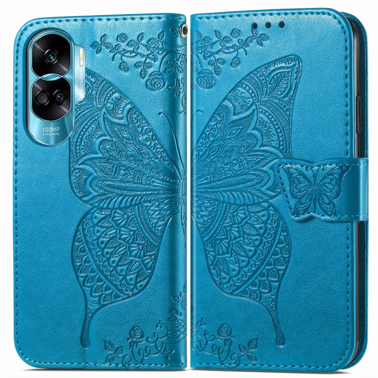 For Honor 90 Lite Butterfly Love Flower Embossed Leather Phone Case(Blue) - Huawei Cases by PMC TechLife | Online Shopping South Africa | PMC TechLife | Buy Now Pay Later Mobicred