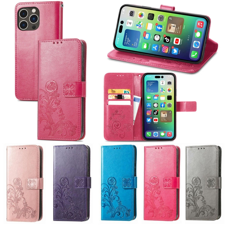 For iPhone 15 Pro Max Four-leaf Clasp Embossed Buckle Leather Phone Case(Purple) - iPhone 15 Pro Max Cases by PMC TechLife | Online Shopping South Africa | PMC TechLife