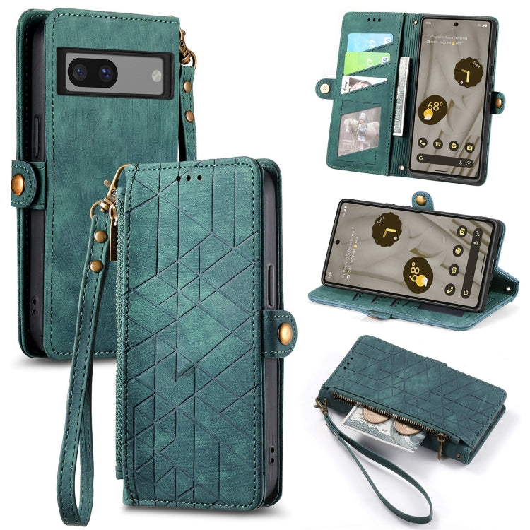 For Google Pixel 6a Geometric Zipper Wallet Side Buckle Leather Phone Case(Green) - Google Cases by PMC TechLife | Online Shopping South Africa | PMC TechLife | Buy Now Pay Later Mobicred