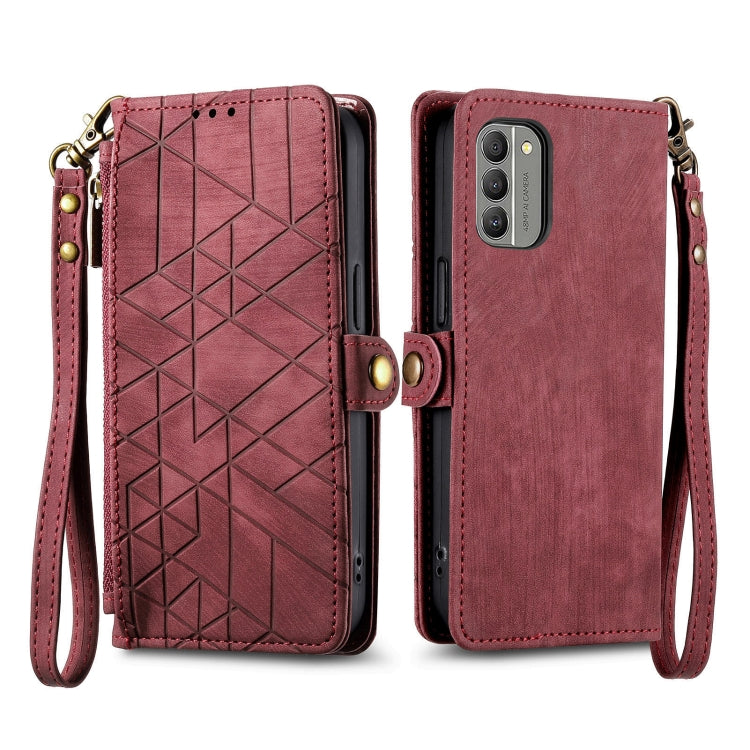 For Nokia C32 Geometric Zipper Wallet Side Buckle Leather Phone Case(Red) - Nokia Cases by PMC TechLife | Online Shopping South Africa | PMC TechLife