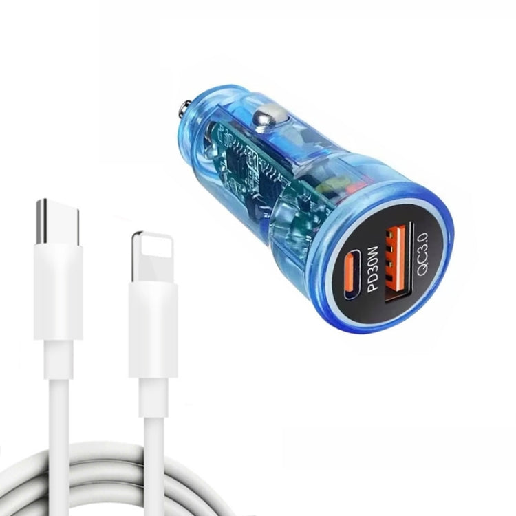 P35 48W PD30W + QC3.0 18W USB Transparent Car Charger with Type-C to 8 Pin Phone Data Cable(Transparent Blue) - Car Charger by PMC TechLife | Online Shopping South Africa | PMC TechLife