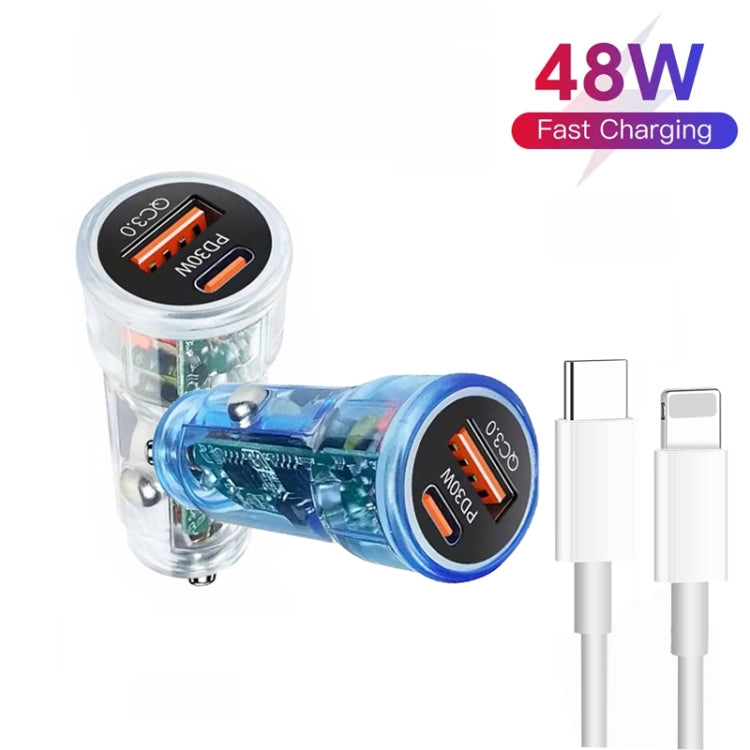 P35 48W PD30W + QC3.0 18W USB Transparent Car Charger with Type-C to 8 Pin Phone Data Cable(Transparent Blue) - Car Charger by PMC TechLife | Online Shopping South Africa | PMC TechLife