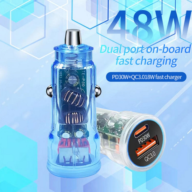 P35 48W PD30W + QC3.0 18W USB Transparent Car Charger with Type-C to 8 Pin Phone Data Cable(Transparent) - Car Charger by PMC TechLife | Online Shopping South Africa | PMC TechLife