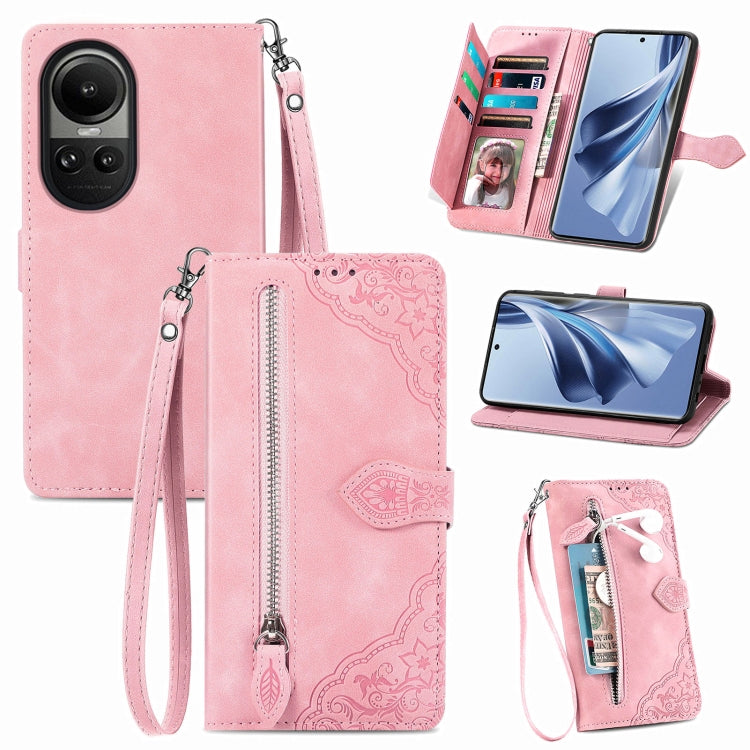 For OPPO Reno10 /10 Pro Global Embossed Flower Zipper Leather Phone Case(Pink) - OPPO Cases by PMC TechLife | Online Shopping South Africa | PMC TechLife | Buy Now Pay Later Mobicred