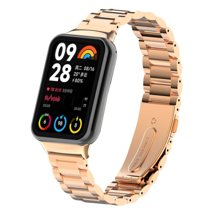 For Xiaomi Mi Band 8 Pro Three Bead Metal Stainless Steel Watch Band(Rose Gold) - Watch Bands by PMC TechLife | Online Shopping South Africa | PMC TechLife