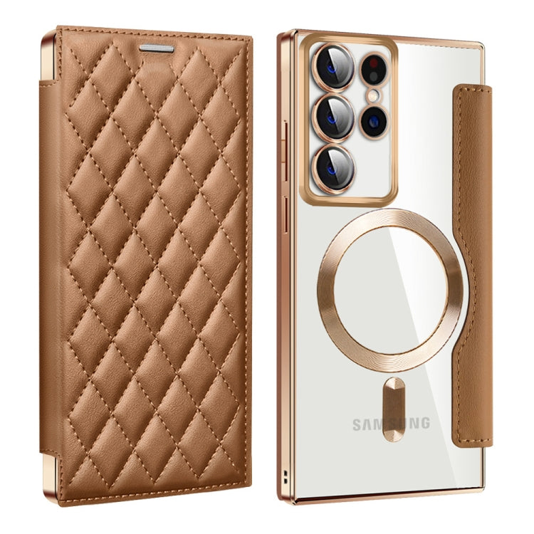 For Samsung Galaxy S23 Ultra 5G Shield Magsafe RFID Anti-theft Rhombus Leather Phone Case(Brown) - Galaxy S23 Ultra 5G Cases by PMC TechLife | Online Shopping South Africa | PMC TechLife