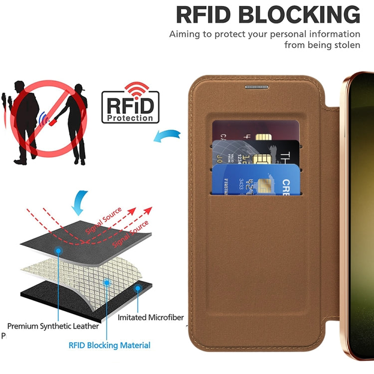 For Samsung Galaxy S23 Ultra 5G Shield Magsafe RFID Anti-theft Rhombus Leather Phone Case(Brown) - Galaxy S23 Ultra 5G Cases by PMC TechLife | Online Shopping South Africa | PMC TechLife