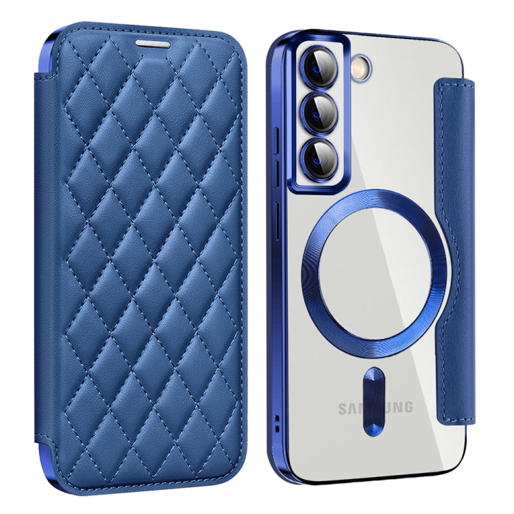For Samsung Galaxy S22 5G Shield Magsafe RFID Anti-theft Rhombus Leather Phone Case(Dark Blue) - Galaxy S22 5G Cases by PMC TechLife | Online Shopping South Africa | PMC TechLife