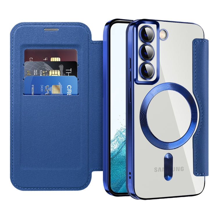 For Samsung Galaxy S22 5G Shield Magsafe RFID Anti-theft Rhombus Leather Phone Case(Dark Blue) - Galaxy S22 5G Cases by PMC TechLife | Online Shopping South Africa | PMC TechLife