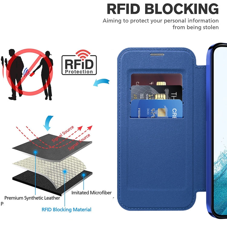 For Samsung Galaxy S22 5G Shield Magsafe RFID Anti-theft Rhombus Leather Phone Case(Dark Blue) - Galaxy S22 5G Cases by PMC TechLife | Online Shopping South Africa | PMC TechLife