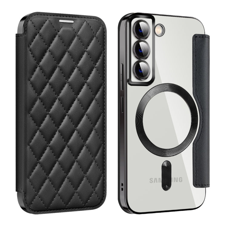 For Samsung Galaxy S22 5G Shield Magsafe RFID Anti-theft Rhombus Leather Phone Case(Black) - Galaxy S22 5G Cases by PMC TechLife | Online Shopping South Africa | PMC TechLife