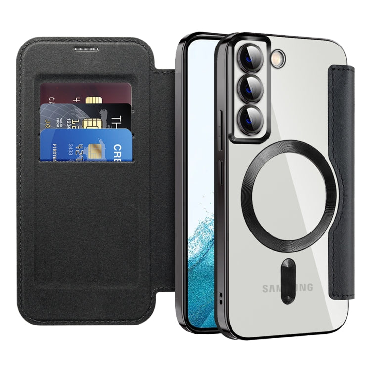 For Samsung Galaxy S22 5G Shield Magsafe RFID Anti-theft Rhombus Leather Phone Case(Black) - Galaxy S22 5G Cases by PMC TechLife | Online Shopping South Africa | PMC TechLife