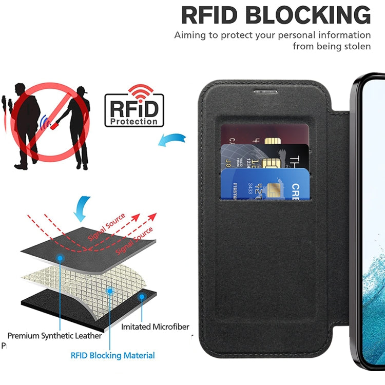For Samsung Galaxy S22 5G Shield Magsafe RFID Anti-theft Rhombus Leather Phone Case(Black) - Galaxy S22 5G Cases by PMC TechLife | Online Shopping South Africa | PMC TechLife